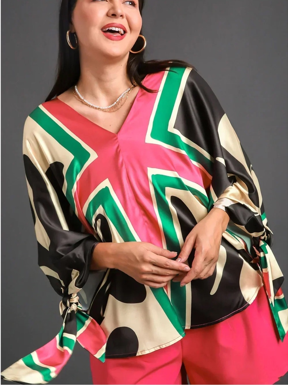 Umgee blouse Abstract Geometric Tie-Sleeve Top